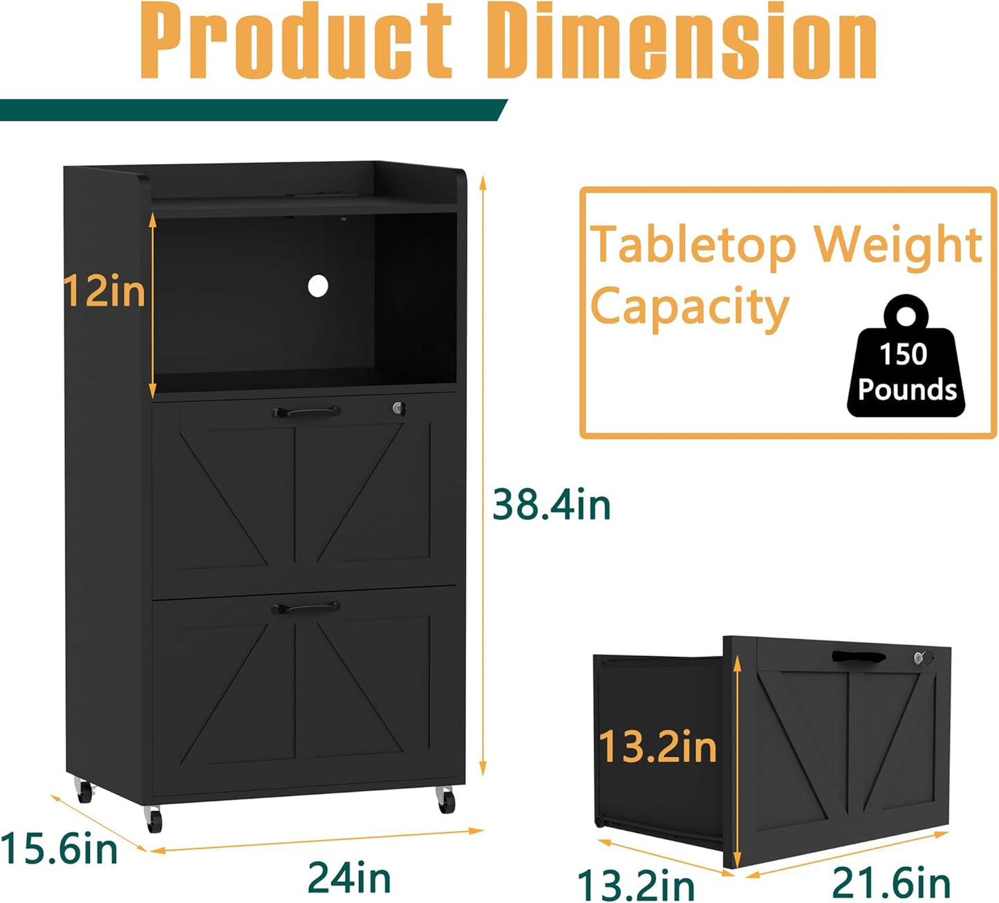 2 Drawer File Cabinet On Wheels & Charging Station, Wood Filing Cabinet with Lock & LED Light, Large Storage Printer Stand for Home Office, Black