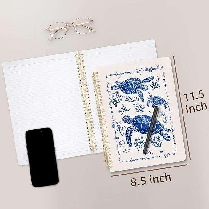 Cute Spiral Notebook journal A4 Aesthetic Pretty Design for Women Girls Kawaii with Pocket, 8.5 x 11 inch, Lined, Turtle