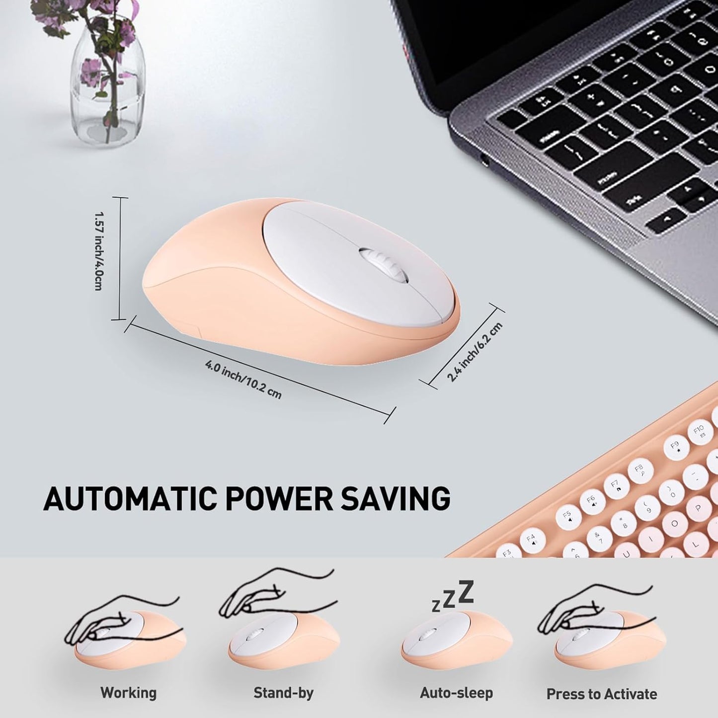Keyboard and Mouse Wireless,2.4Ghz Retro Typewriter Style Round Keycap,Full Size Wireless Keyboard Mouse Combo,Cute Cordless Keyboard Mouse Set for PC Laptop Desktop Computer-Pink Orange Colorful