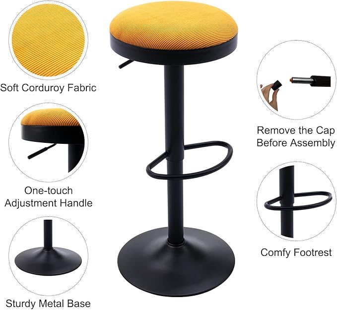 Round Swivel Counter Height Bar Stools Set of 2 Modern Adjustable Barstools Backless Corduroy Bar Chairs Industrial Island Chairs with Metal Base/Footrest for Kitchen Island/Pub/Bar, Yellow