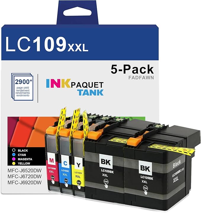 LC109 XXL Super High Yield Ink Cartridges (5-Pack,2BK/1C/1M/1Y) - LC109BK XXL 105C 105M 105Y Ink Cartridges Replacement for Brother LC109 LC105 Ink MFC-J6520DW MFC-J6720DW MFC-J6920DW Printer