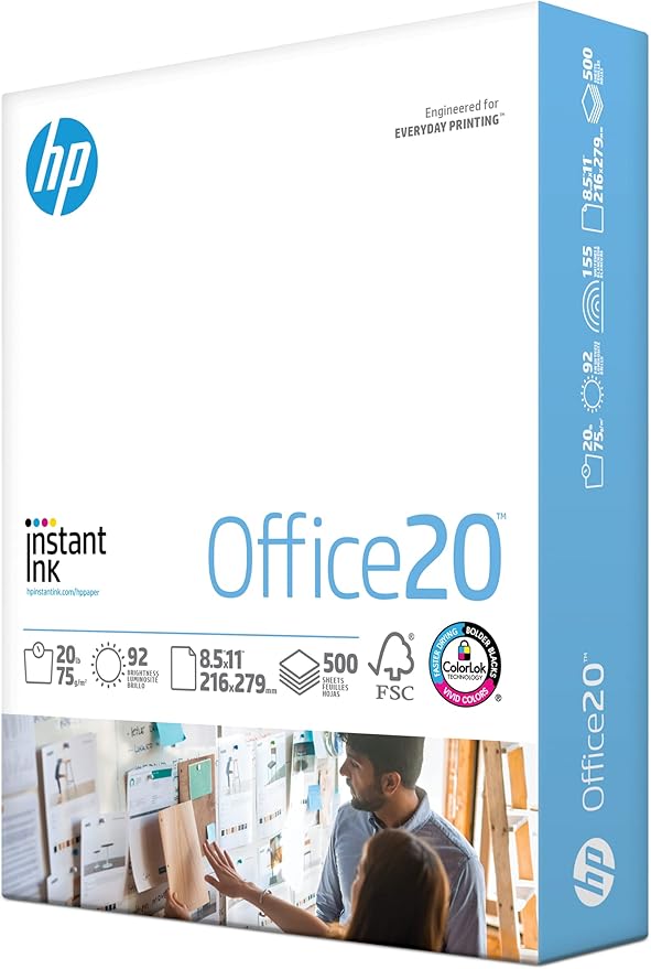 HP Papers | 8.5x11 Paper |Office 20 lb | 1 Ream - 500 Sheets | 92 Bright | Made in USA - FSC Certified | 112150R