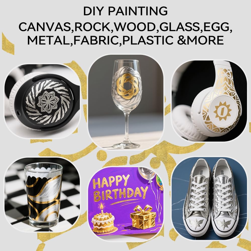 TRANSON 3 Gold, 3 Silver, 1 Black and 1 White Paint Markers Brush and Fine Dual-tip Acrylic Paint Marker Set for Rock Painting Glass Canvas Wood Leather Ceramic Painting