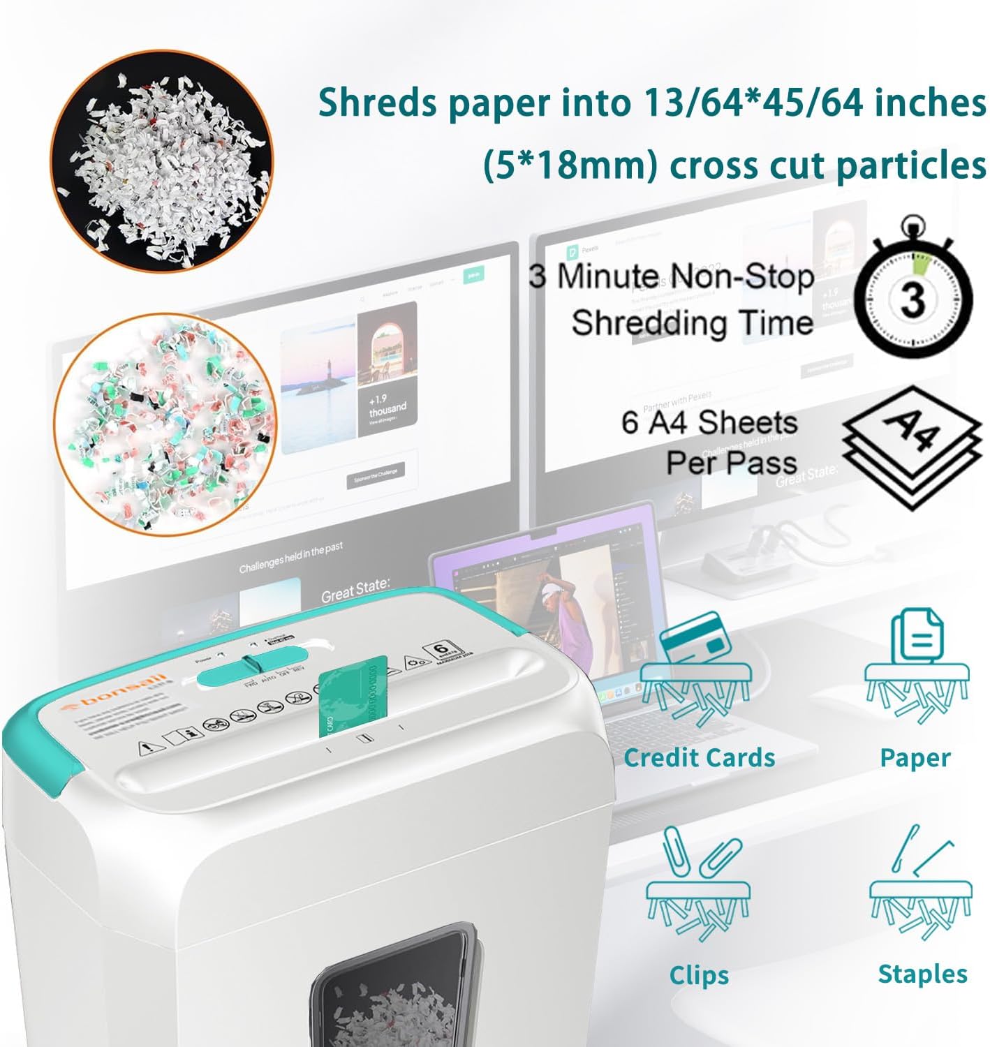 Bonsaii High Security Shredding Paper Shredder, 6-Sheet Cross-Cut, Credit Card Shredder, Home Office, Handle for Document, Mail, Staple, 3.4 Gal Wastebasket, White & Blue(C237-B)