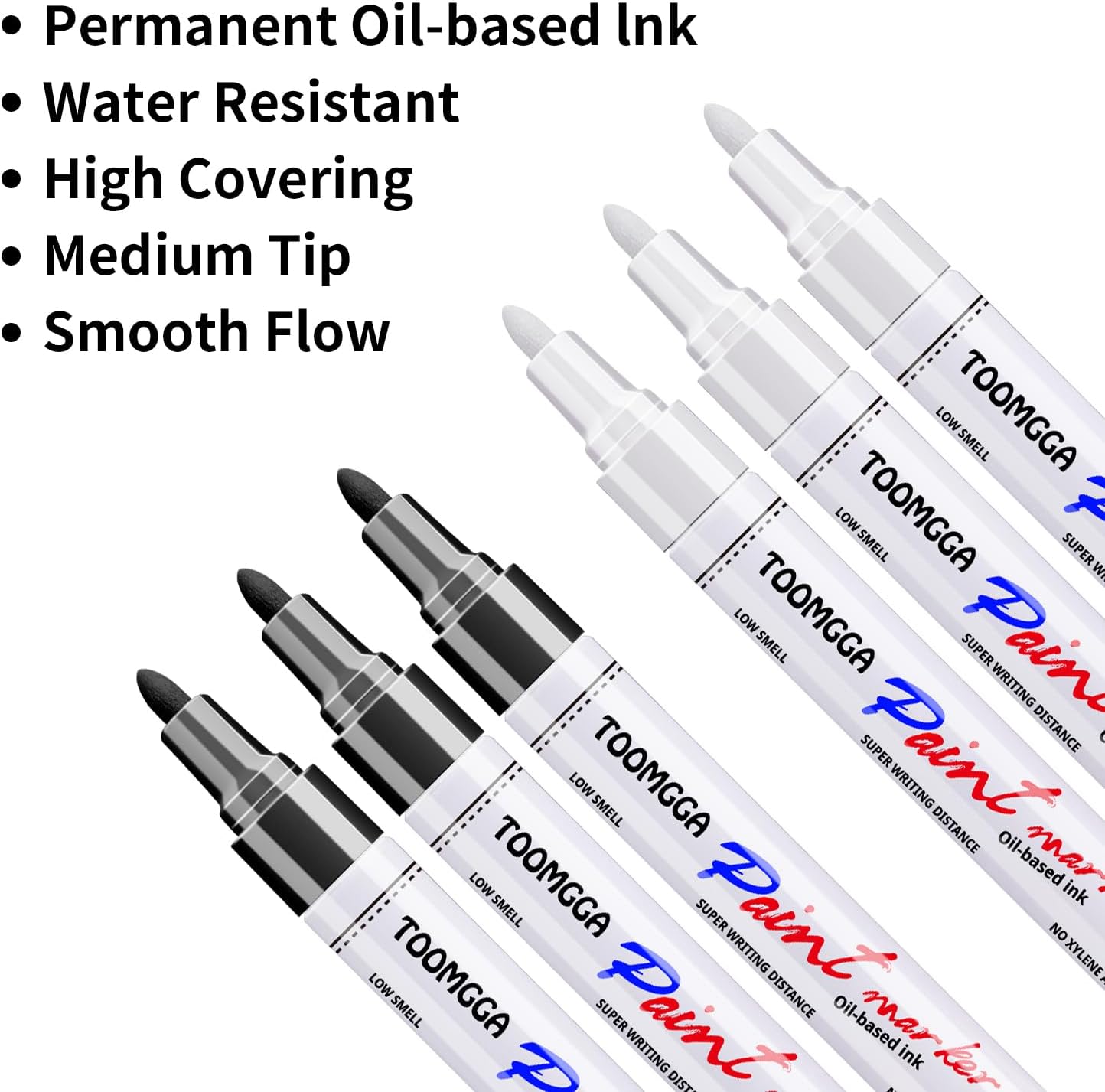White and Black Permanent Markers Paint Pens - 6 Pack Oil Based Paint Markers, Medium Tip, Quick Drying Pens for Wood, Metal, Rock Painting, Mugs, Canvas, Clothes, Plastic Marking