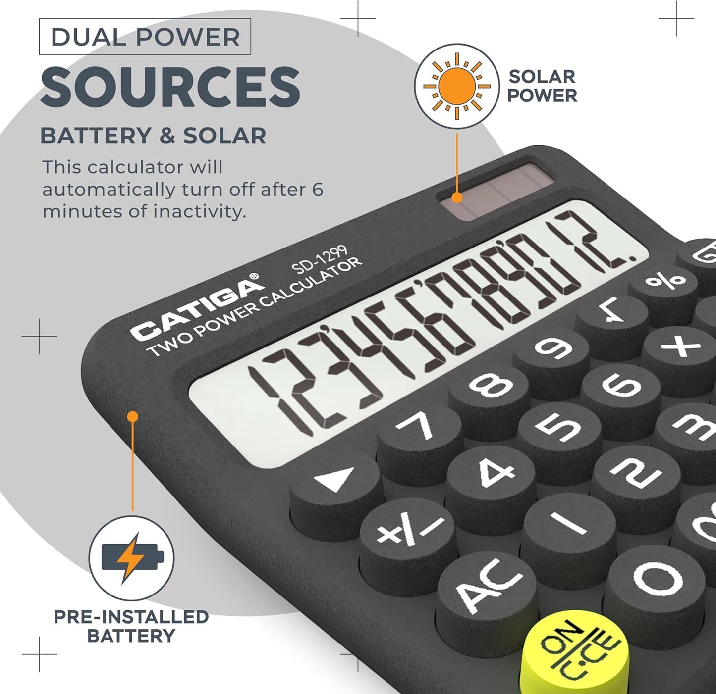 CATIGA Mechanical Switch Calculator with Solar and Battery Dual Power, 12-Digit Large LCD Display, Aesthetic and Cute Desktop Calculator with Big Button, for Home, School and Office Use, SD-1299