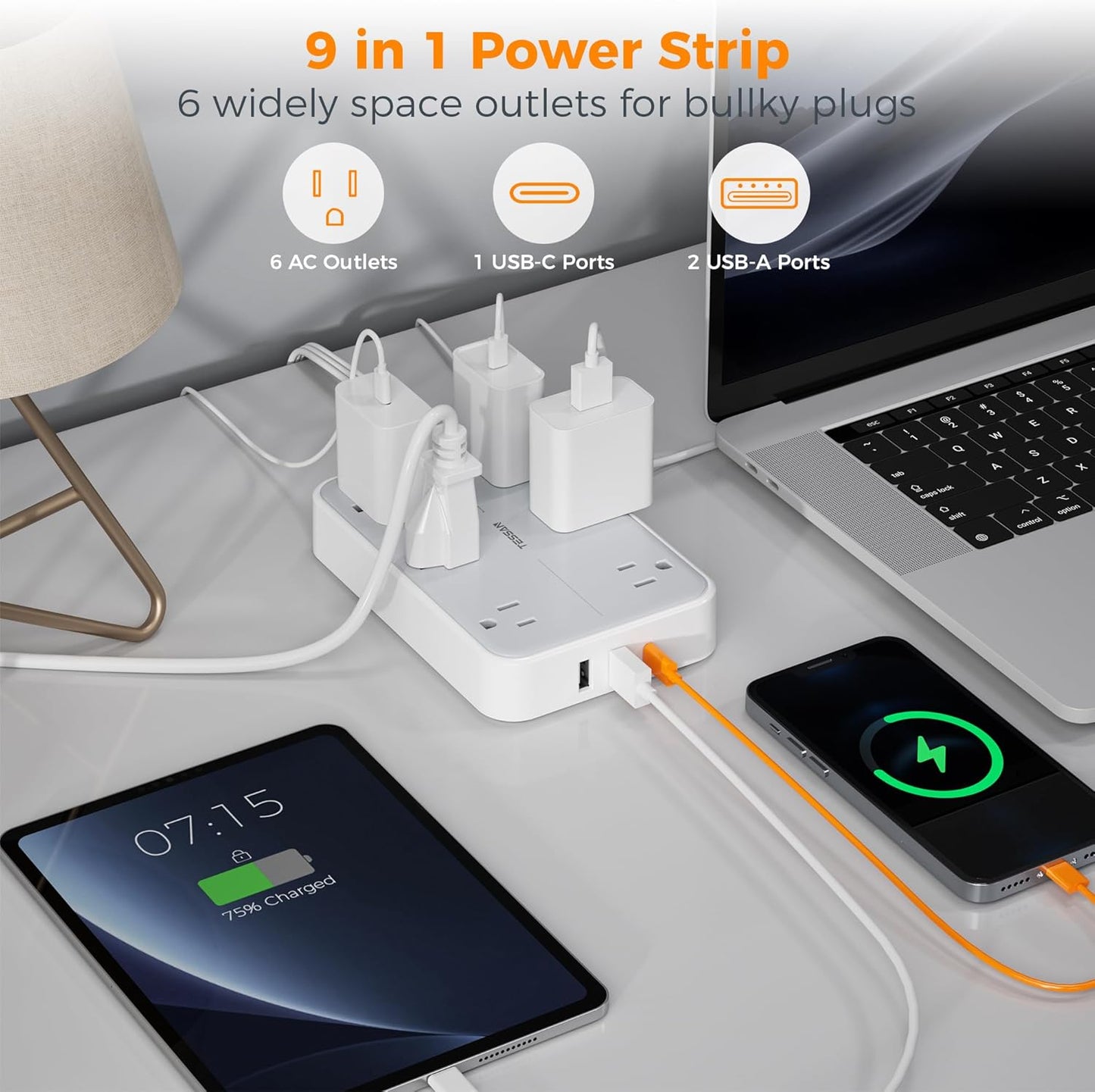 TESSAN Flat Extension Cord 10 FT with Flat Plug Power Strip, Small Extension Cord with 6 AC Outlet 1 USB C and 2 USB A, 1080J Surge Protector Power Strip, Wall Mount for Dorm Room Office Home