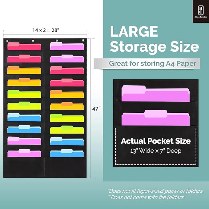 Hippo Creation Heavy Duty Storage Pocket Chart for Classroom, 10 Pocket Storage Organizer with 6 Over-Door Hangers, Hanging Wall Organizer for File Folders, School Mailbox, Home Office Papers - Black