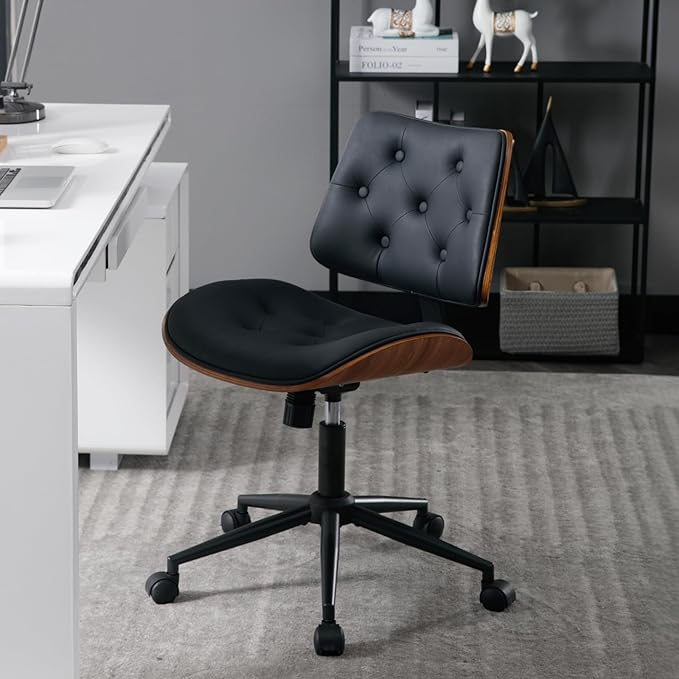 Armless Home Office Chair with Wheels, PU Leather Adjustable Height Computer Desk Chair, 360 Swivel Small No Arms Chair, Modern Button Walnut Style for Office, Reading Meeting Room(Black)