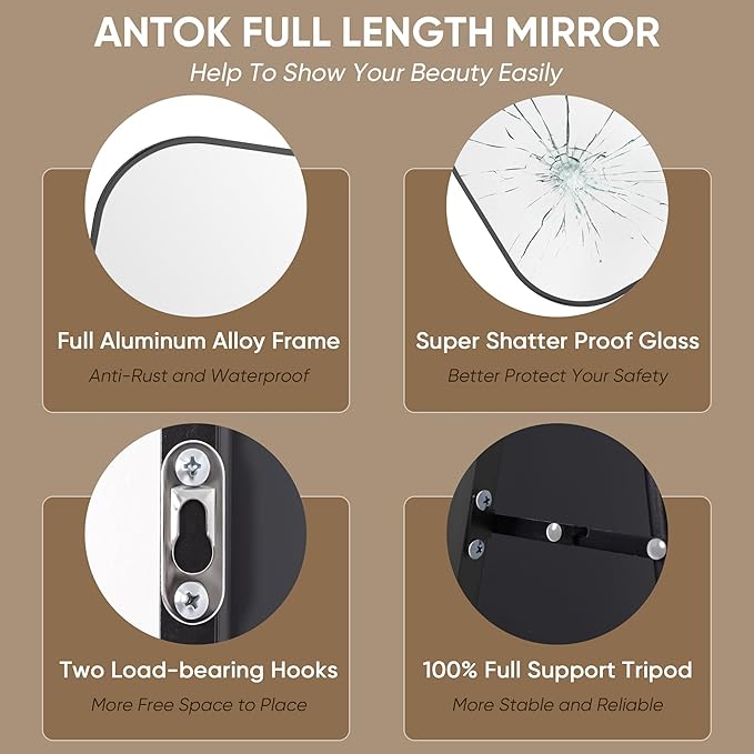 Antok Full Length Mirror, 78"x38" Floor Mirror Freestanding, Arched Floor Standing Large Full Body Mirror with Stand for Bedroom, Hanging Mounted for Living Room, Black