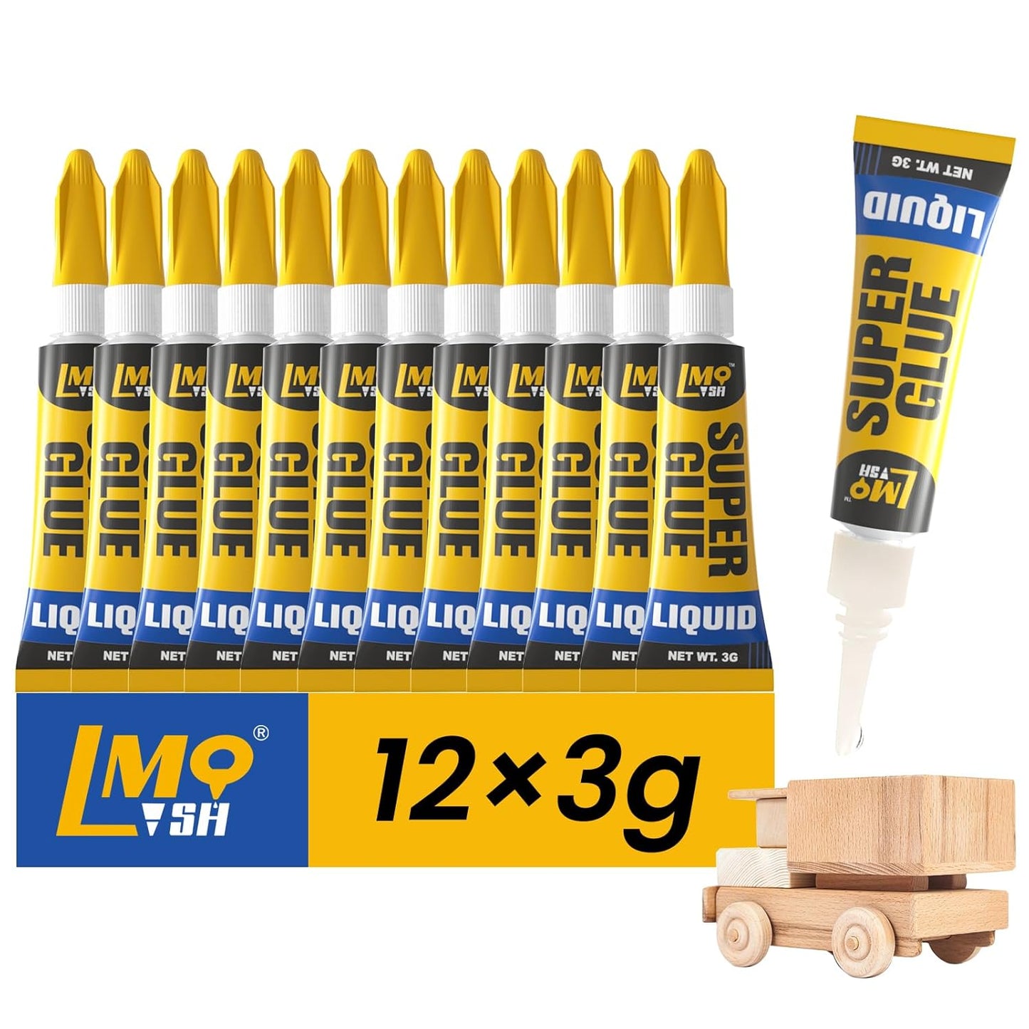 Super Glue 12x3g Liquid CA Glue, Clear Cyanoacrylate Adhesive Single Use for Shoe Sole Repair Ceramic Plastic Model Metal Wood Aquarium Leather Pottery Glass, Food Safe Strong and Instant Bonding