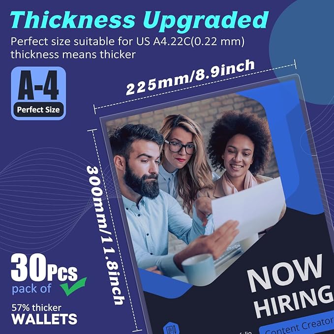 JIKIOU 30 Pack Clear Document Folder Copy Safe Project Pocket L-Type Clear Plastic Folder A4/ Letter Size in Transparent Color(Upgraded Size)