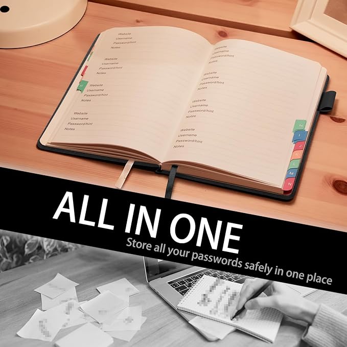 Password Keeper Book with Colorful Alphabetical Tabs, Hardcover Log Book for Internet Password and Website Address, Personal Organizer with Notes Section and Back Pocket and Two Bookmarks (Matte