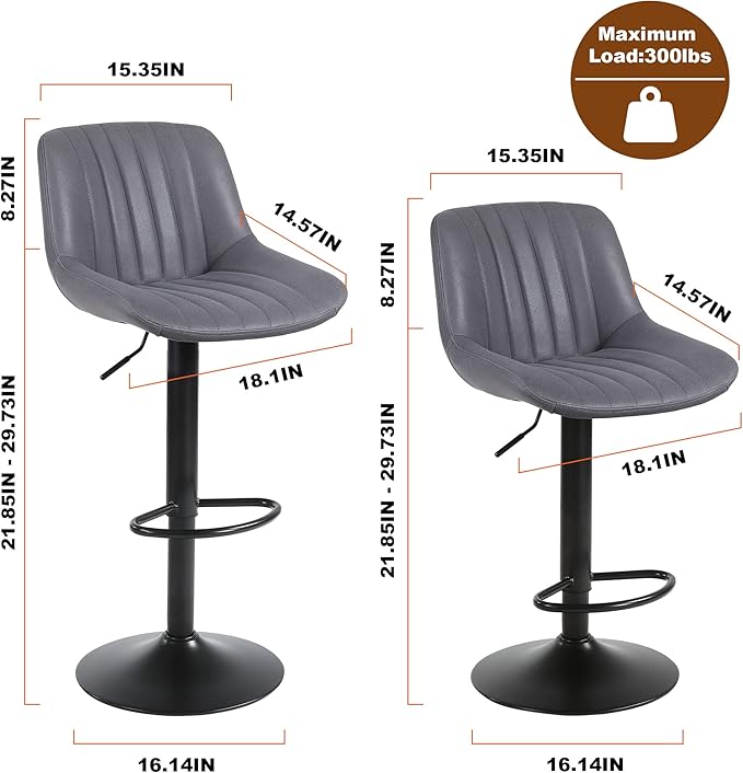 Bar Stools Set of 2, Swivel Counter Height Barstools with Back, Adjustable PU Leather Bar Chairs, Modern Armless Kitchen Island Stool, Dark Grey