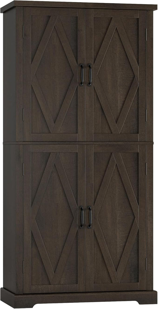 HOSTACK 64" Tall Pantry Cabinet, Modern Farmhouse Kitchen Pantry, Wood Bathroom Storage Cabinet, Large Bookcase, 4 Doors|Adjustable Shelves, for Dining Room, Living Room, Home Office, Dark Brown