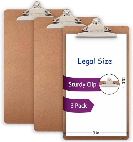 3 Clipboards, Legal Size Clipboard, 9" x 15.5" Clipboard, Clip Board with Metal Clip, Long clipboard, Large Sturdy Clip, Heavy Duty high Capacity Durable Wooden clipboard, Smooth Writing Surface