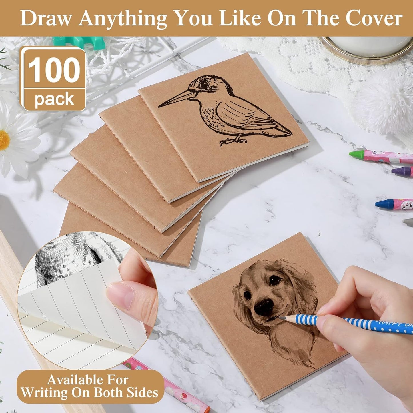 100 Pieces Mini Notebook Bulk Set Small Kraft Paper Blank Lined Journals Pocket Journal Sketchbooks for Kids Drawing Sketchbook Office Supplies 4 x 4 Inch Small Notebooks with 24 Sheets (Blank, Lined)