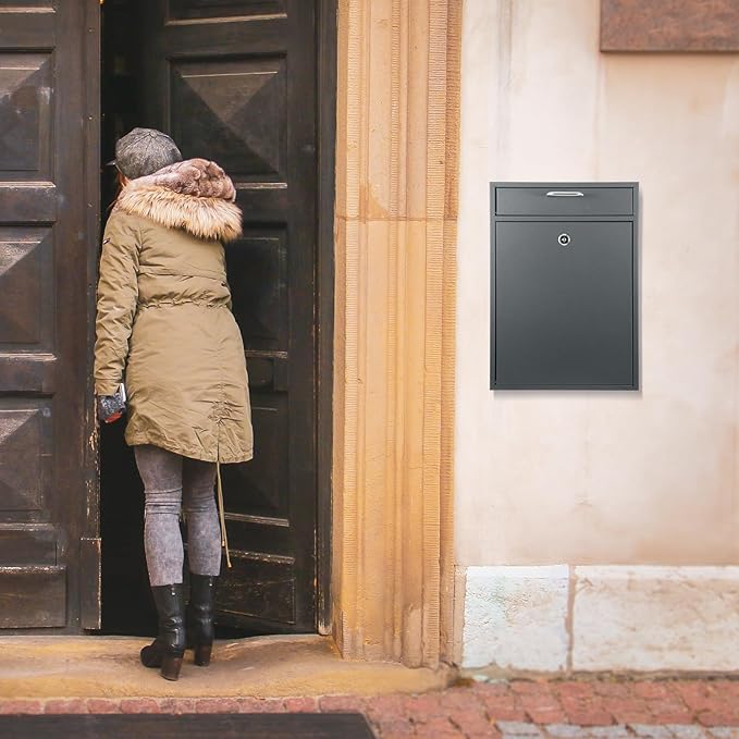 Locking Mailbox with Key for Outdoor 16.2 x 11.2 x 4.7 Inches Large Wall Mount Mail Box with Lock Security Mail Drop Metal Collection Boxes Hanging Secure Postbox(Dark Gray)