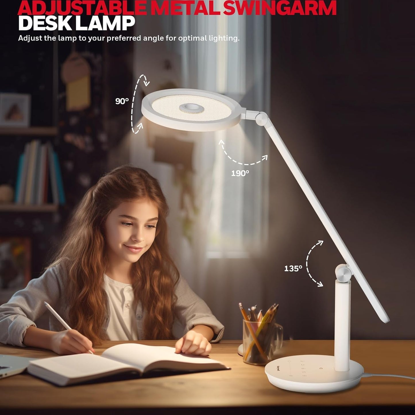 HONEYWELL Desk Lamp for Home Office, H6 Sunturalux™ Eye-Caring Led Desk Light, 800LM Dimmable Desk Lamp with Timer, Touch Control Tall Desk Reading Light, Table Lamp for Circle Webcam, Study, Bedroom