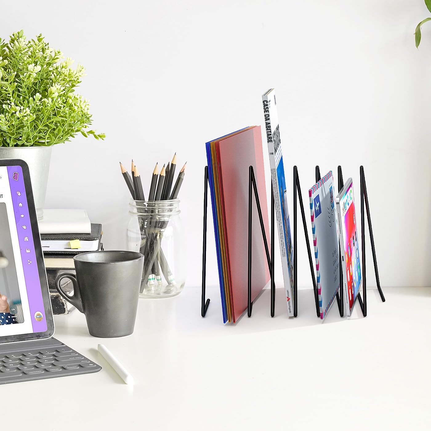 2 Pcs Triangle Desk File Organizer, 7 Slots Desktop Magazine Holder File Sorter,Metal Documents Rack Bookshelf Organizer for Office School Home, Black