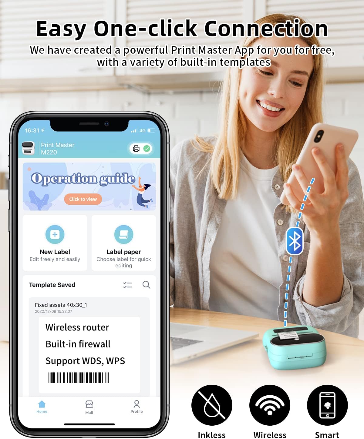 Phomemo M220 Label Maker, New Flagship 3.14 Inch Bluetooth Thermal Label Printer for Barcode, Address, Labeling, Mailing, File Folder, Portable Maker Easy to Use, Support with Smart Phone&PC