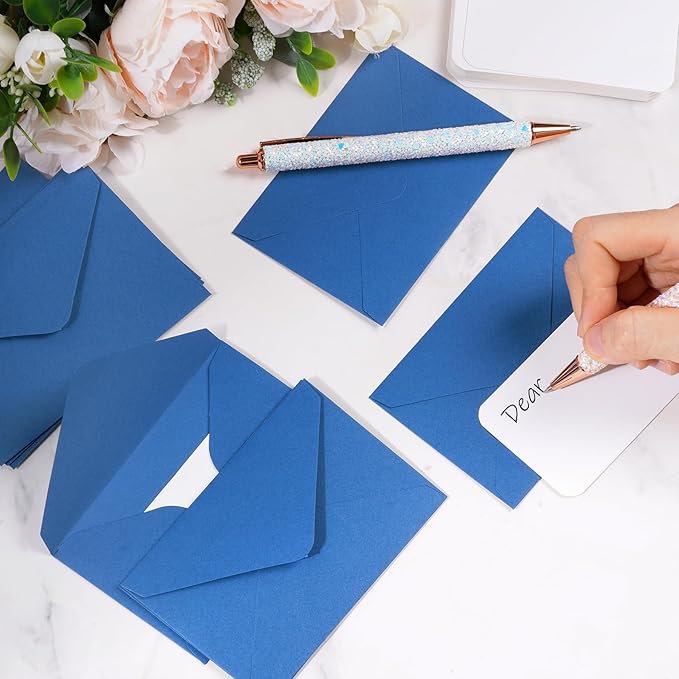 jiebor 100 Sets Small Envelopes with Small Blank Gift Business Card Wedding Invitation Pocket Envelopes for Graduations Wedding Shower Holiday 4.37 x 2.91 Inch Navy Blue