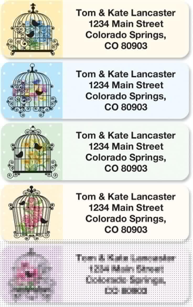 Birdcages Rolled Personalized Return Address Mailing Labels with Dispense, Set of 250, 5 Designs, Small ¾ x 2½ Inch Size, Custom Self-Adhesive Sticker Roll, by Colorful Images