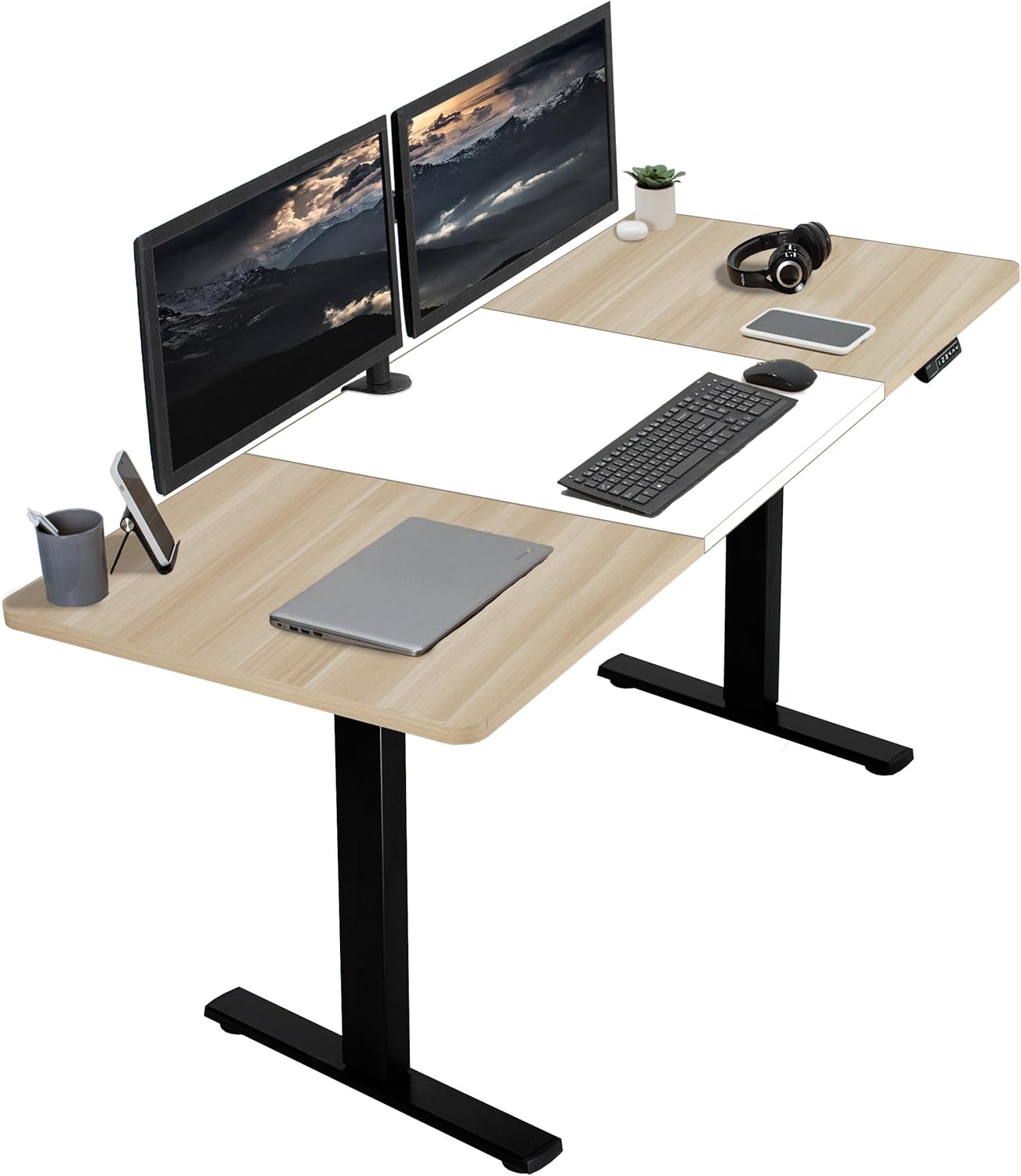 VIVO Electric 71 x 30 in Standing Desk, Memory Height Adjustment, 1B Series, White and Light Wood Top, Black Frame, DESK-KIT-1B7WC