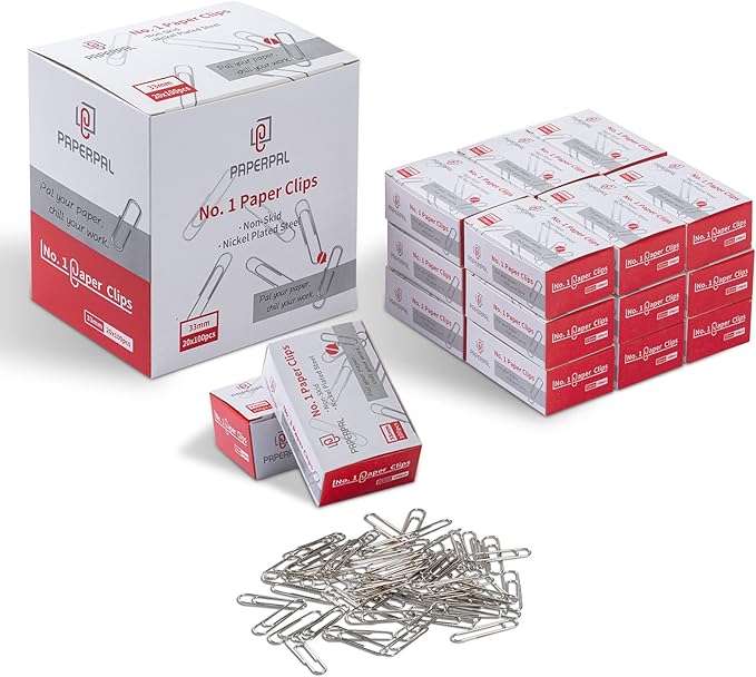 PAPERPAL #1 Nonskid Paper Clips, 2000 Medium Paper Clips (20 Boxes of 100 Each), Bulk Paperclips for Office School & Personal Use, Daily DIY, 1-2/7" Silver Heavy Duty Non-Skid Paper Clip Standard Size