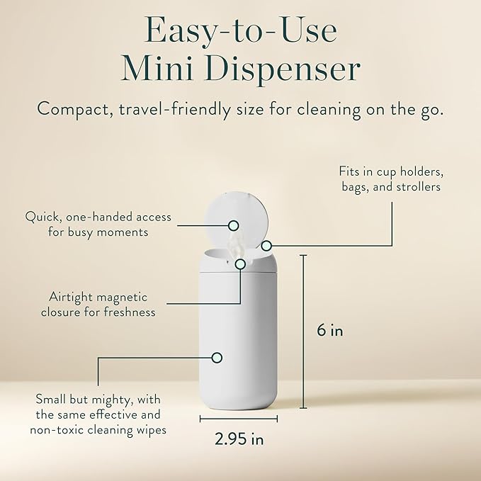 Biom Mini Dispenser + Hand Sanitizing Wipes Starter Kit - Eucalyptus Scented, Biodegradable, Kid-Safe | Fits in Cup Holder | All Natural, Plant-Based Non-Toxic Wipes with Aloe for Soft Skin (Midnight)