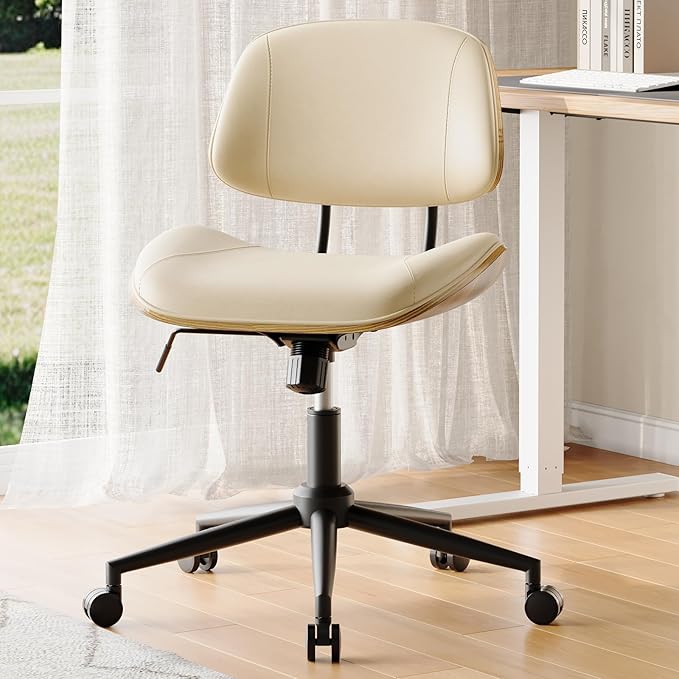 Armless Office Chair with Wheels, PU Leather Adjustable Height Desk Chair - 360° Swivel Ergonomic Computer Chair for Small Space, Modern Walnut Style, Home & Meeting Room, Beige