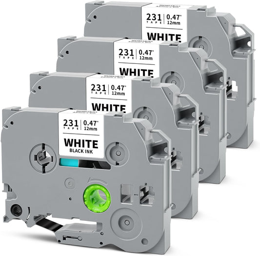 Tze 12mm 0.47" Laminated White Tape Compatible for Brother Label Maker Tape 12mm 0.47" White Tze-231 Tz-231 P Touch Tz 12mm 1/2" Label for PTD210 PT-D220 PTD400 PTD600 PT-D610BT, 4-Pack