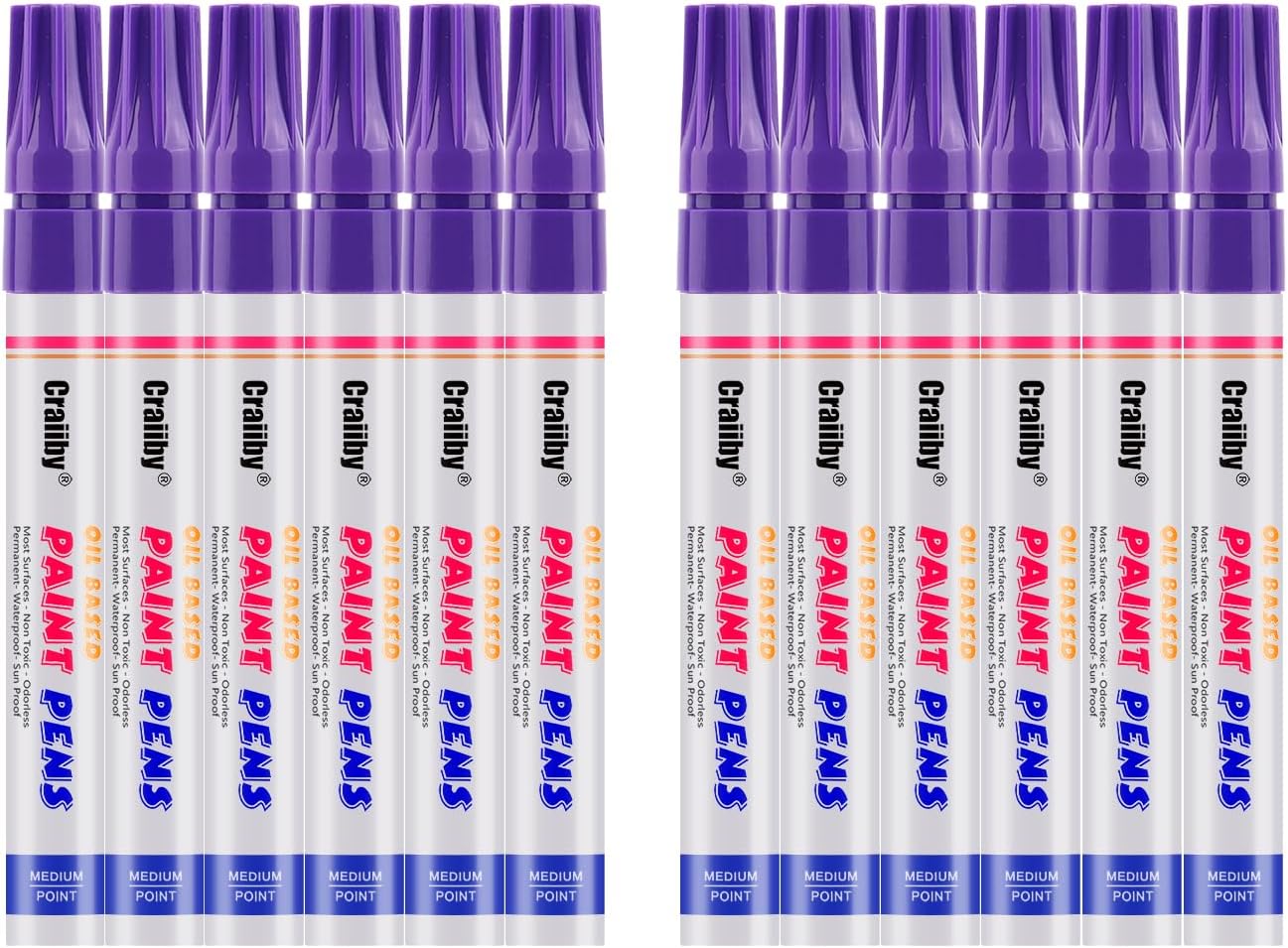 Purple Paint Markers, 12 Pack Oil-Based Waterproof Quick Dry Permanent Paint Pen Set for Rocks Painting, Wood, Fabric, Plastic, Canvas, Glass, Mugs, Metal, Tire, Stone, DIY Craft