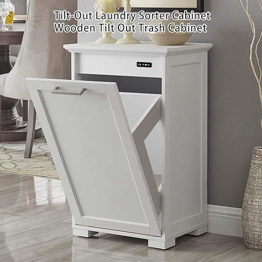 OLD CAPTAIN Tilt-Out Laundry Sorter Cabinet/Wooden Tilt Out Trash Cabinet, with Negative ion and deodorizing Function to Ensure The Cleanliness of The Kitchen Trash can(White)…