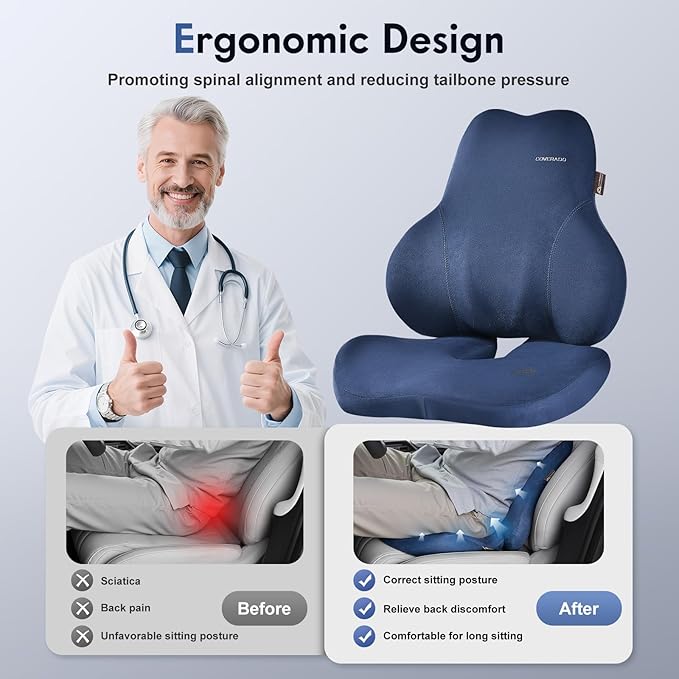 Coverado Memory Foam Car Seat Cushion and Lumbar Support Pillow for Car, Ergonomic Office Chair Cushion for Lower Back Pain Relief, Breathable & Non-Slip for Car, Home, and Office Use, Blue