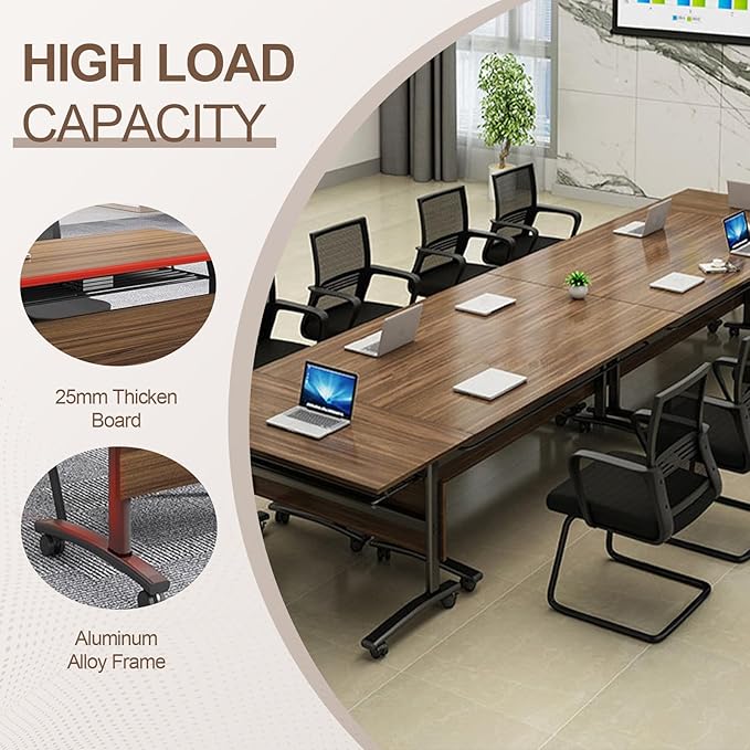 Folding Conference Room Table, Modern Conference Tables with Wheels, Large Rectangular Mobile Training Tables for Office Classroom, Foldable Modular Boardroom Seminar Table Walnut (6pack L47.2in)