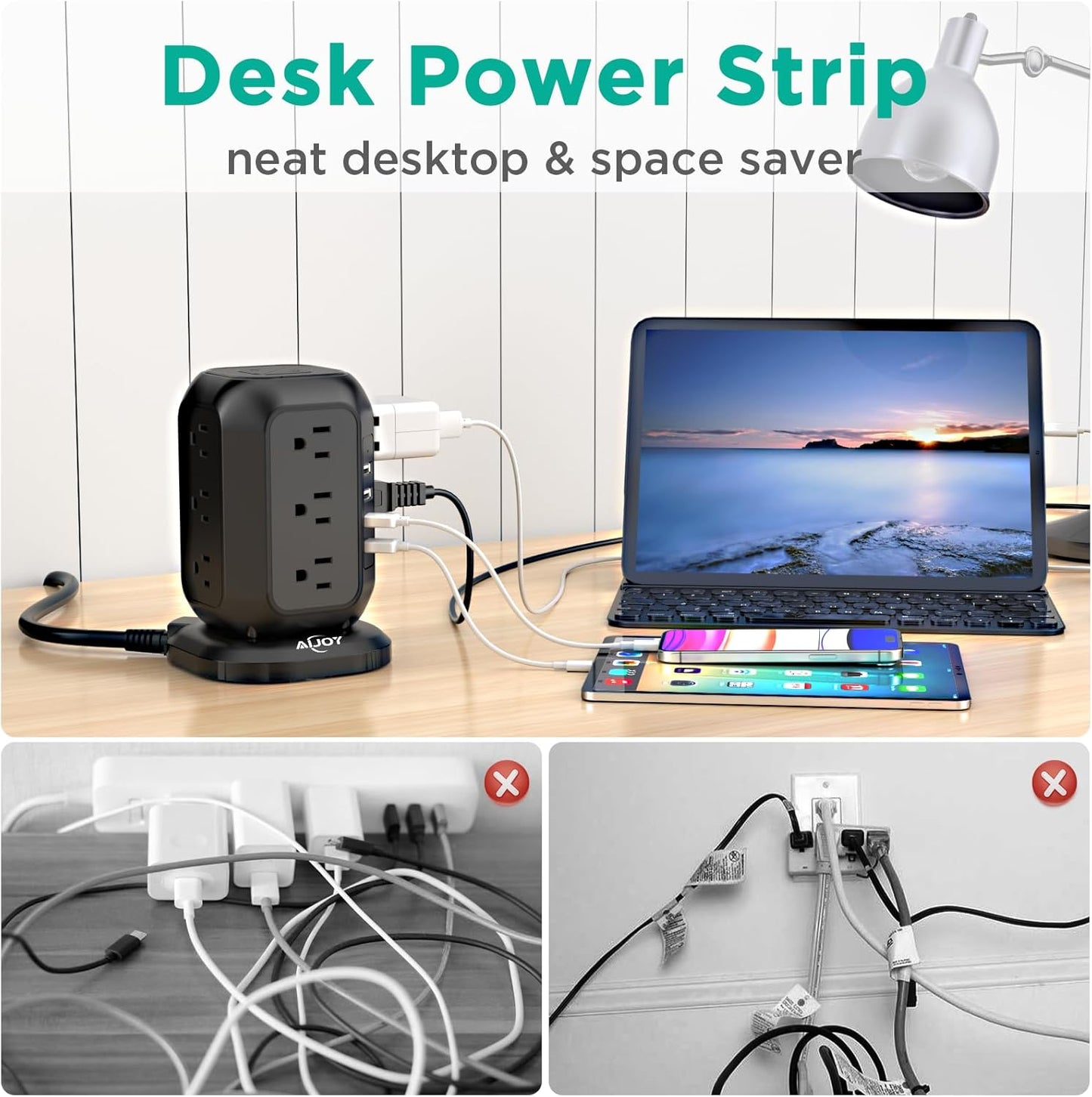 Power Strip Tower with USB Ports-AiJoy Surge Protector with 12 AC Outlet and 4 USB Ports, 10 Ft Extension Cord with Multiple Outlets, Charging Station with Overload Protection, for Home Office Dorm