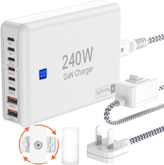 240W Fast Charging Blocks, 8-Port Charging Station for iPhone/Ipad/MacBook, 6C2A PD GaN Charger Box, USB Tower Hub 5ft Braided Power Cord with On/Off Switch, Flat Plug, Travel Essentials