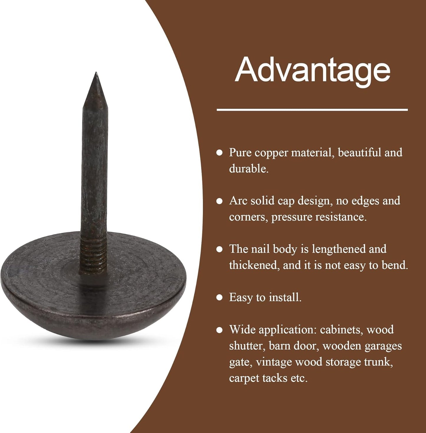 Retro Solid Pure Brass Tacks as Antique Upholstery Nails for Furniture, Decorative Push Pins for Wood,Carpet Tacks,Hardware Tacks,Cap Nails,Thumb Tacks，Brass Fasteners（7/10",18mm Black Color,10 Pcs)