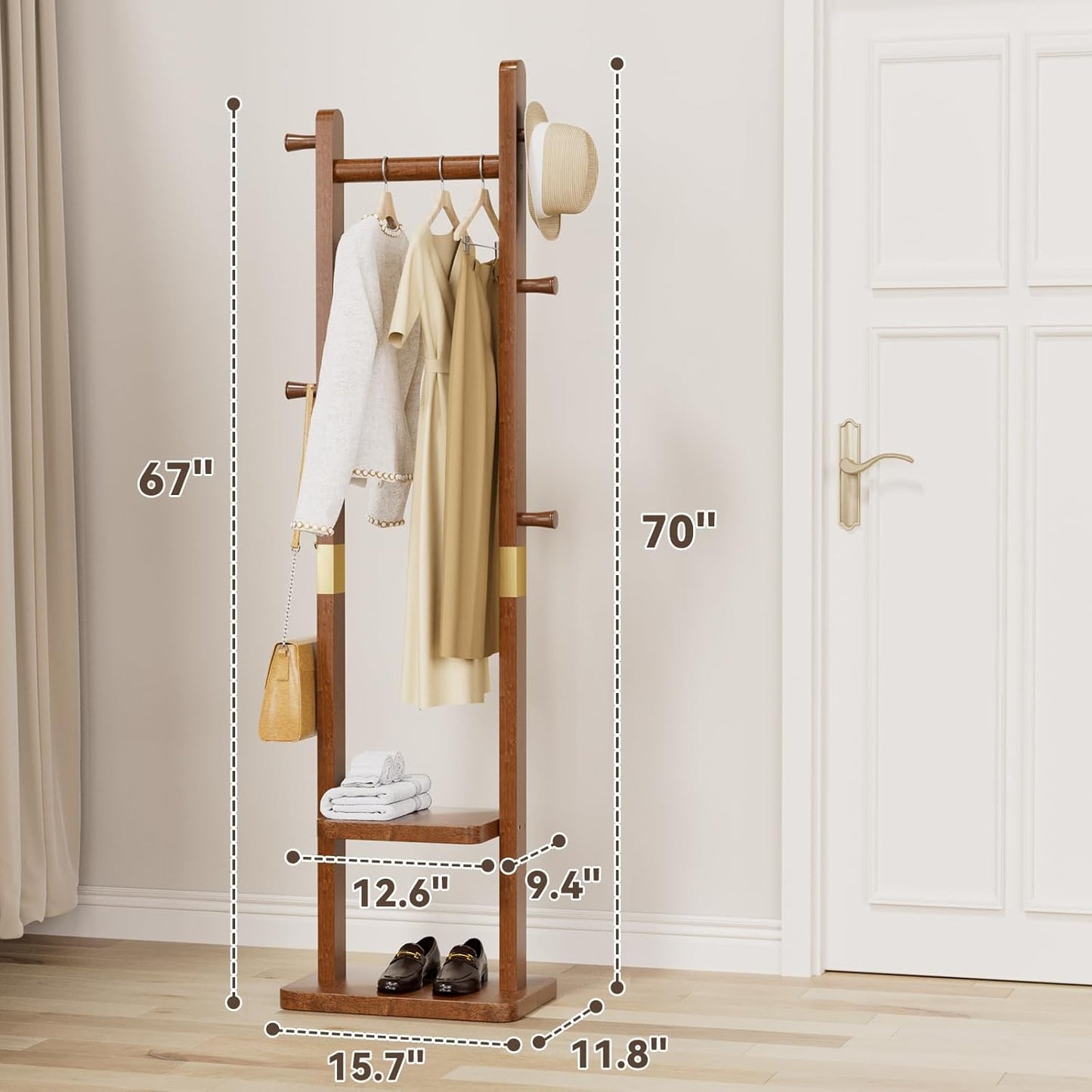 Solid Wood Coat Rack, Coat Rack Freestanding with 2 Shelves and 5 Hooks, Heavy Duty Coat Tree for Entryway，Living room，Coat Hanger Stand for Hats, Bags (Walnut Brown)