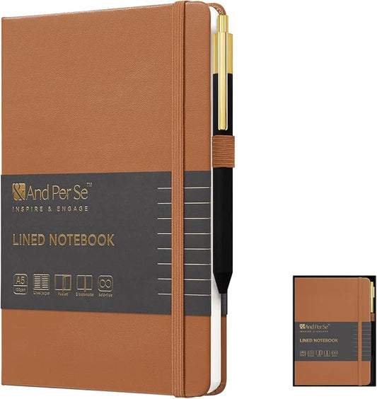 A5 Lined Leather Journal and Pen Set for Women&Men, Gift Box Included, Hardcover Notebook with 160 Pages 100GSM Thick Paper, for Work, Business, School or Home Writing(Light Brown)