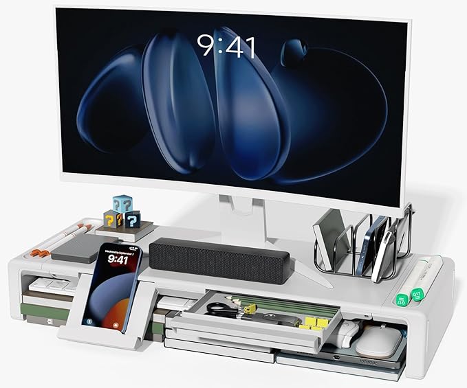 OImaster Monitor Stand Riser, Foldable Computer Monitor Riser, Adjustable Length Computer Stand and Storage Drawer & Pen Slot, Phone Stand Compatible Computer, Desktop, Laptop, Save Space (White)