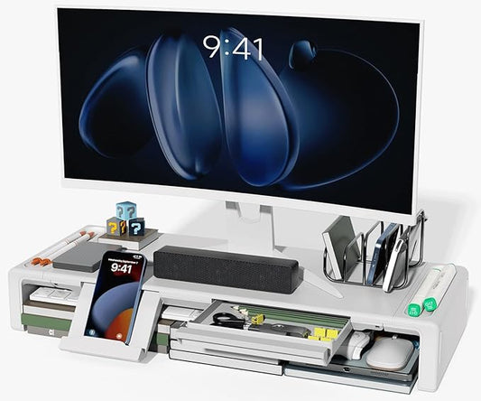 OImaster Monitor Stand Riser, Foldable Computer Monitor Riser, Adjustable Length Computer Stand and Storage Drawer & Pen Slot, Phone Stand Compatible Computer, Desktop, Laptop, Save Space (White)