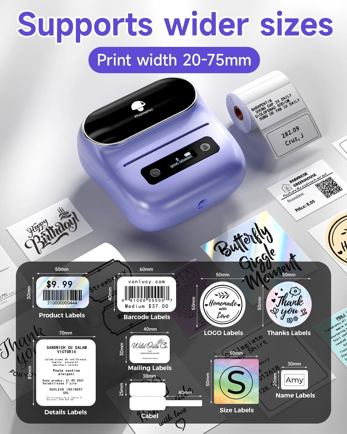 Phomemo M220 Label Maker, Bluetooth Thermal Label Maker Machine for Barcode, Address, Home, Mailing, Small Business,Clothing, Portable Wireless Printer with 1 Rolls Label, Purple