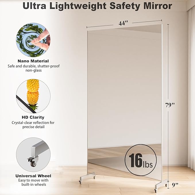 Brisafe Home Gym Mirror 79'' x 44'' - Safety Mirror with Wheels, Ultra Clear Nano Material, Oversized Shatterproof, 16LB, Black