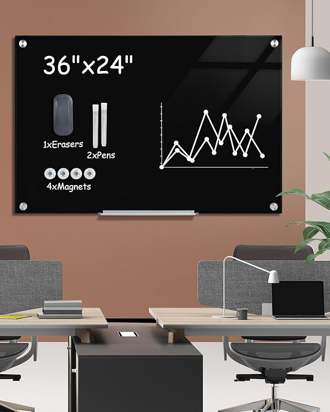 Magnetic Glass Whiteboard，36"x24" Wall Mounted Frameless Dry Erase Board for Office, Home & School Black