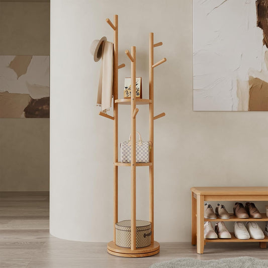 Solid Wood Rotary Coat Rack, Freestanding Coat Rack with 3 Shelves and 9 Hooks, Coat tree for Bedroom, Entryway, Livingroom, Coat Hanger Stand for Coats, Scarves, Handbags (Natural)