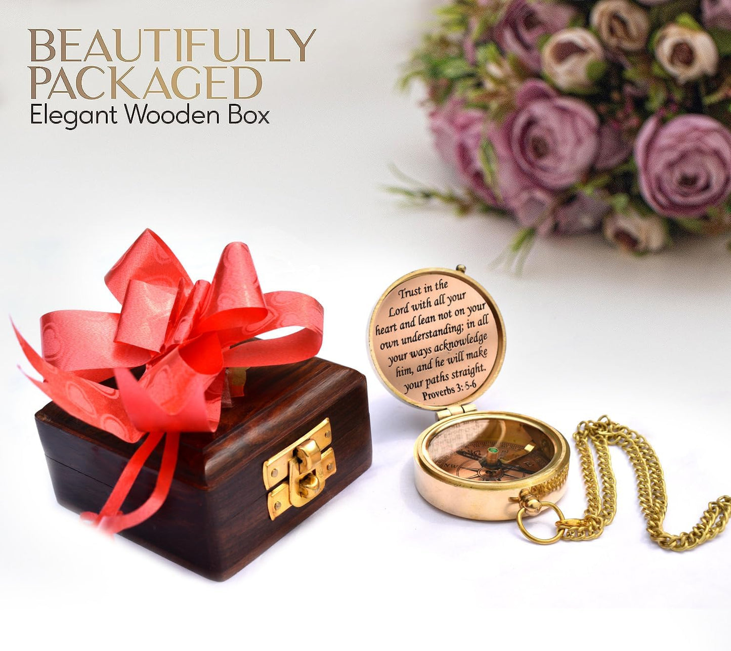 Trust in The Lord With All Your Heart - Proverbs 3:5-6 Quote Engraved Compass With Wooden Box, Greeting Card, Gift Compass, Graduation Day Gifts 2024 for Women Men Boys Girls