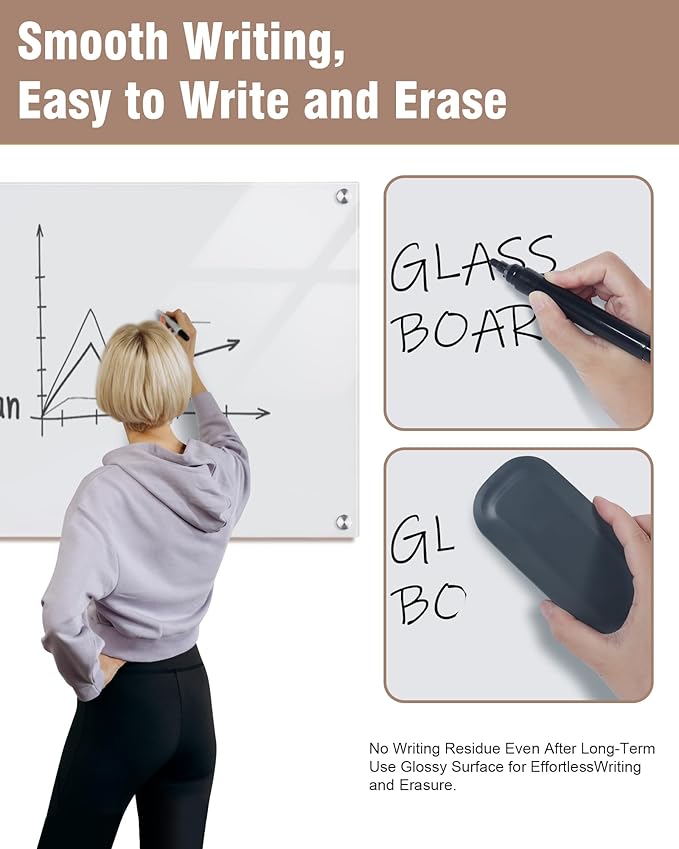Magnetic Glass Whiteboard，36"x24" Wall Mounted Frameless Dry Erase Board for Office, Home & School Ultra White