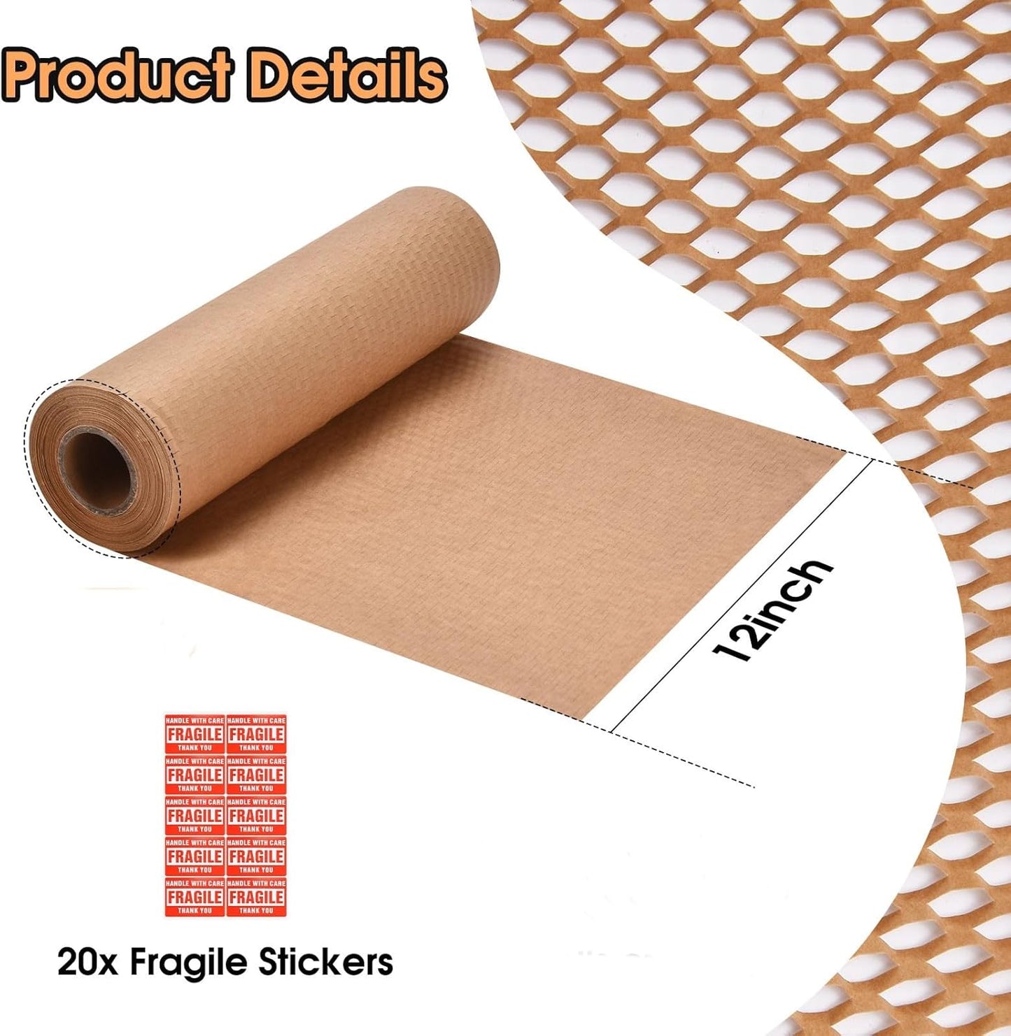 Honeycomb Packing Paper Pacific Mailer 12" x 65' Moving Paper Bubble Cushioning Wrap with 20 Fragile Sticker Labels
